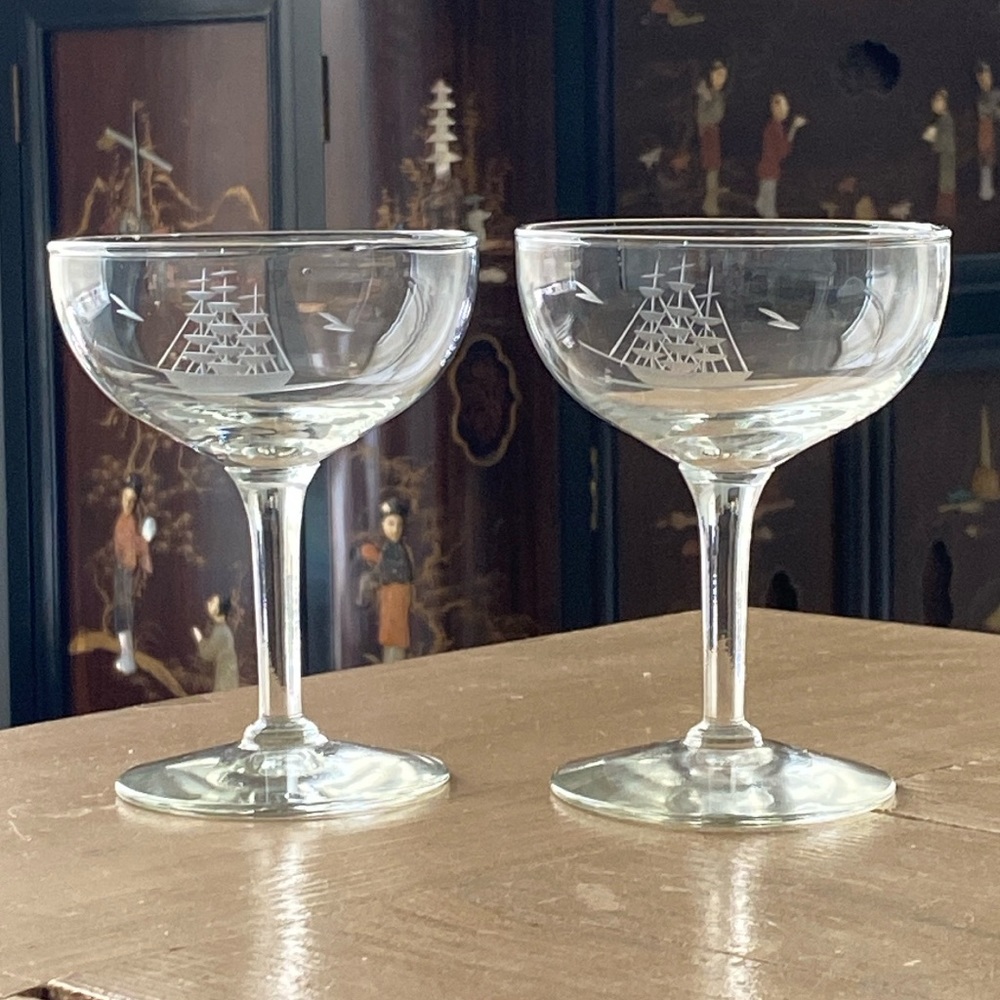 Set of 2 Sand Etched Coupe Cocktail Glasses with Yacht Schooner Pattern